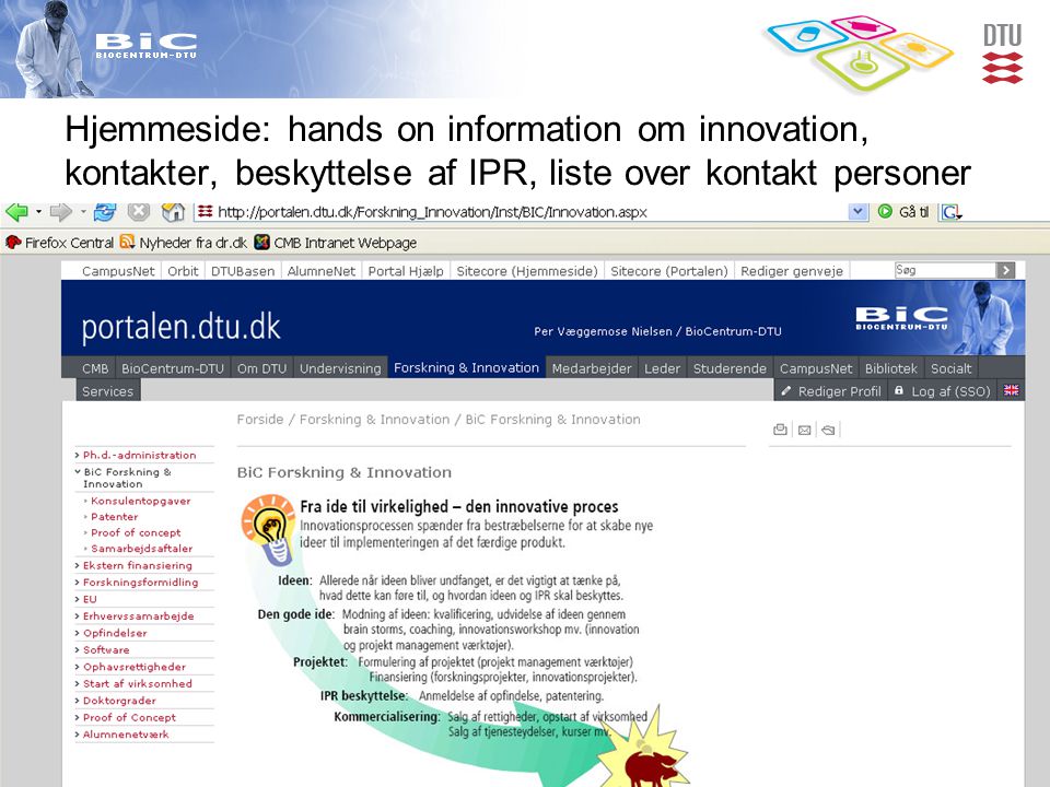 Hjemmeside: hands on information om innovation, kontakter, beskyttelse af IPR, liste over kontakt personer