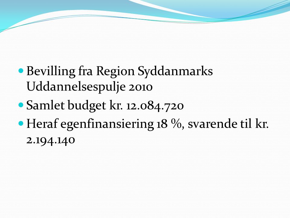  Bevilling fra Region Syddanmarks Uddannelsespulje 2010  Samlet budget kr.