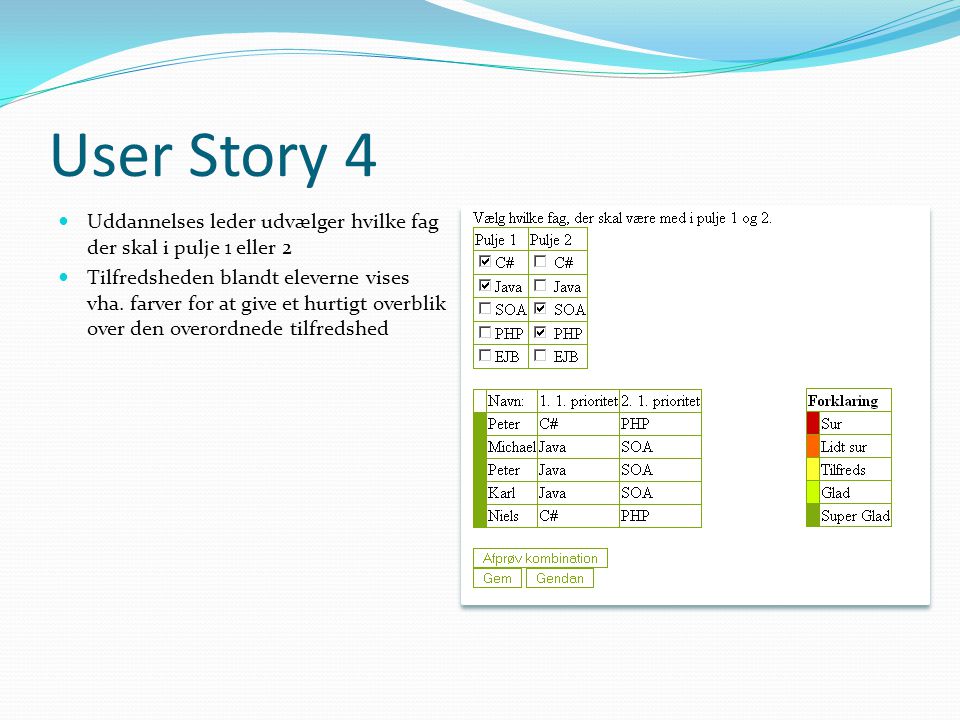 User Story 4  Uddannelses leder udvælger hvilke fag der skal i pulje 1 eller 2  Tilfredsheden blandt eleverne vises vha.