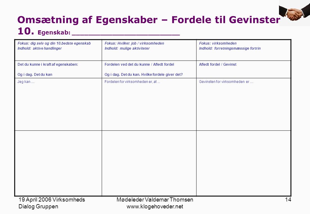 19 April 2006 Virksomheds Dialog Gruppen Mødeleder Valdemar Thomsen   14 Omsætning af Egenskaber – Fordele til Gevinster 10.