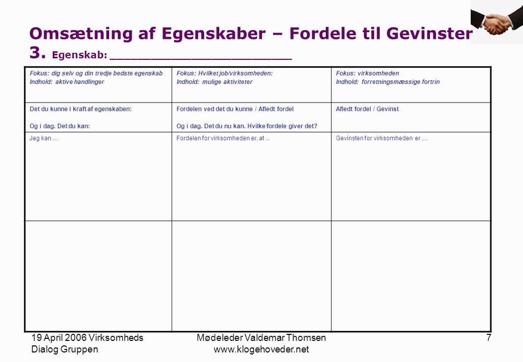 19 April 2006 Virksomheds Dialog Gruppen Mødeleder Valdemar Thomsen   7 Omsætning af Egenskaber – Fordele til Gevinster 3.