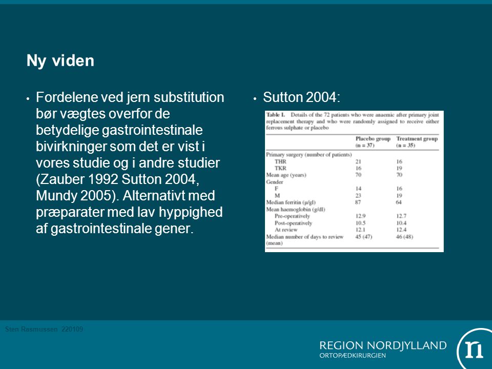 Sten Rasmussen Ny viden • Fordelene ved jern substitution bør vægtes overfor de betydelige gastrointestinale bivirkninger som det er vist i vores studie og i andre studier (Zauber 1992 Sutton 2004, Mundy 2005).