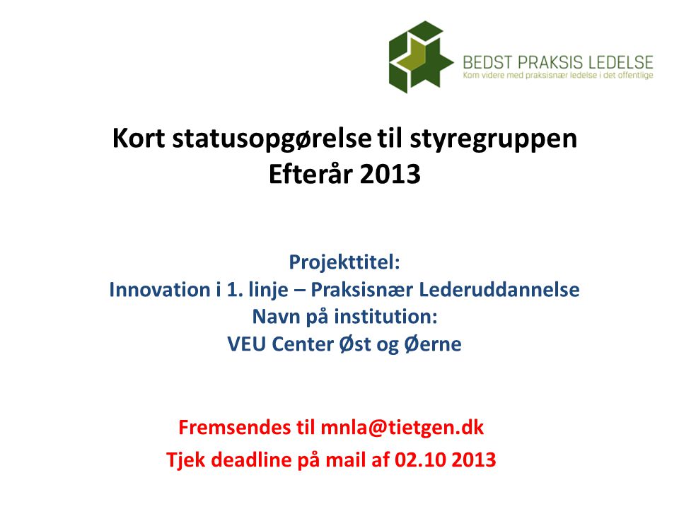 Kort statusopgørelse til styregruppen Efterår 2013 Projekttitel: Innovation i 1.