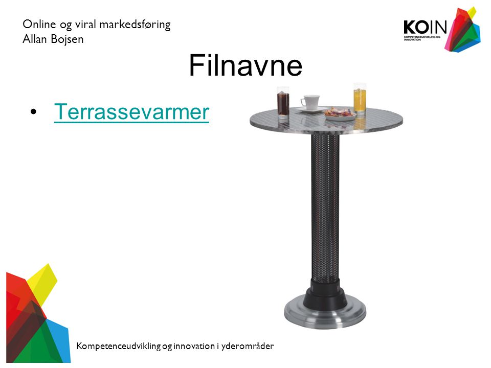 Online og viral markedsføring Allan Bojsen Kompetenceudvikling og innovation i yderområder Filnavne • TerrassevarmerTerrassevarmer