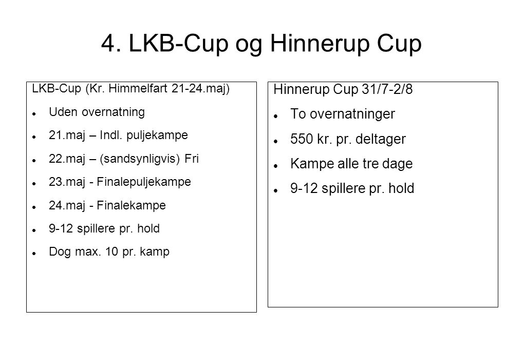 4. LKB-Cup og Hinnerup Cup LKB-Cup (Kr. Himmelfart maj)‏  Uden overnatning  21.maj – Indl.