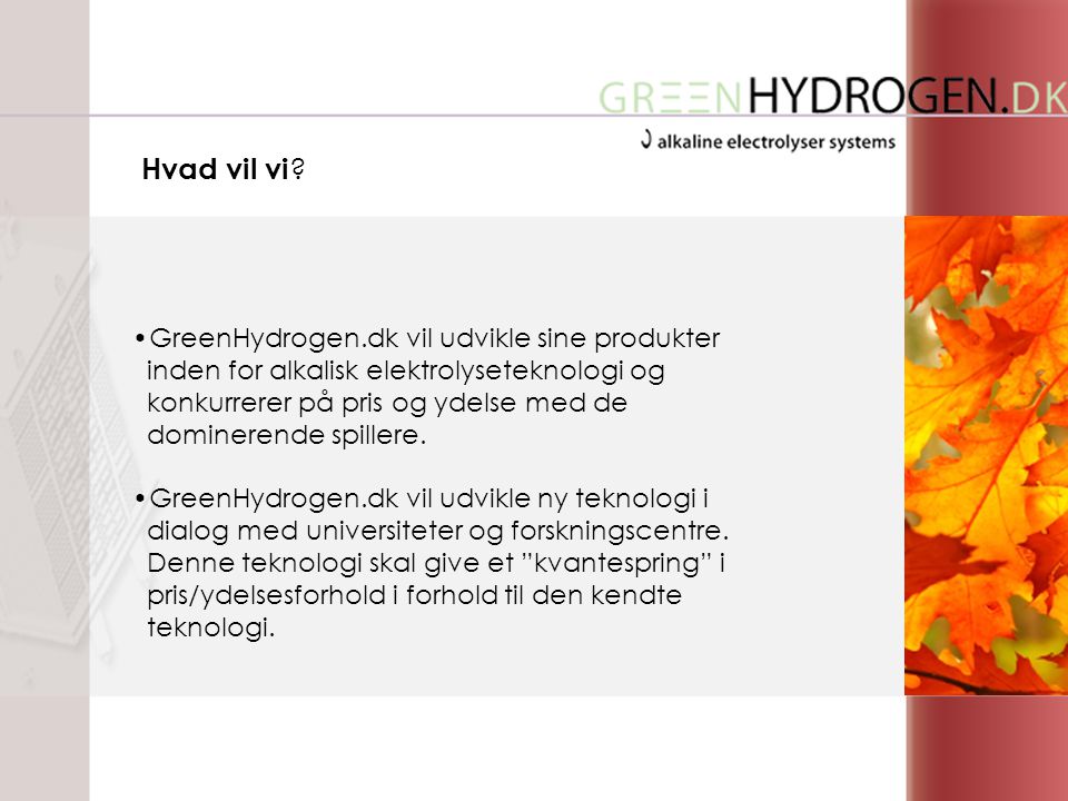 •GreenHydrogen.dk vil udvikle sine produkter inden for alkalisk elektrolyseteknologi og konkurrerer på pris og ydelse med de dominerende spillere.