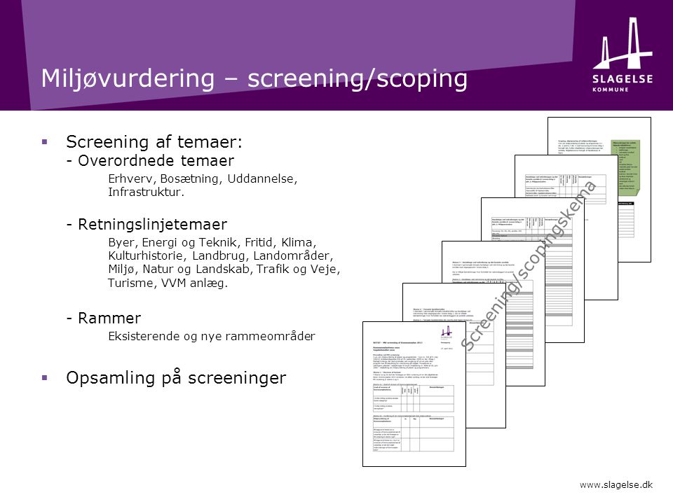 Miljøvurdering – screening/scoping  Screening af temaer: - Overordnede temaer Erhverv, Bosætning, Uddannelse, Infrastruktur.