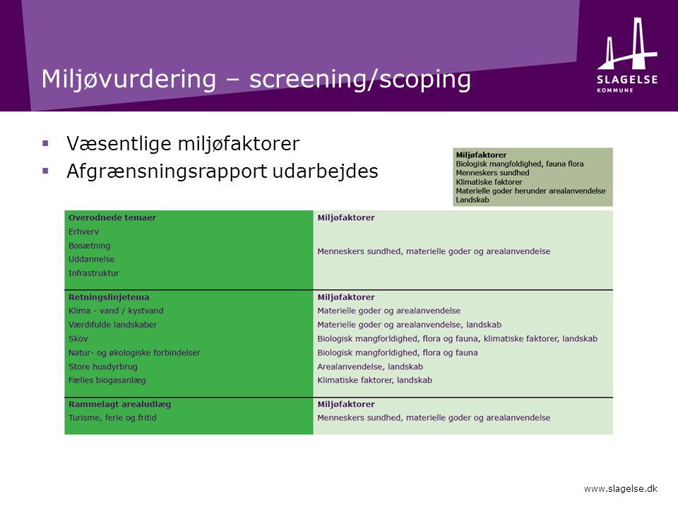 Miljøvurdering – screening/scoping  Væsentlige miljøfaktorer  Afgrænsningsrapport udarbejdes