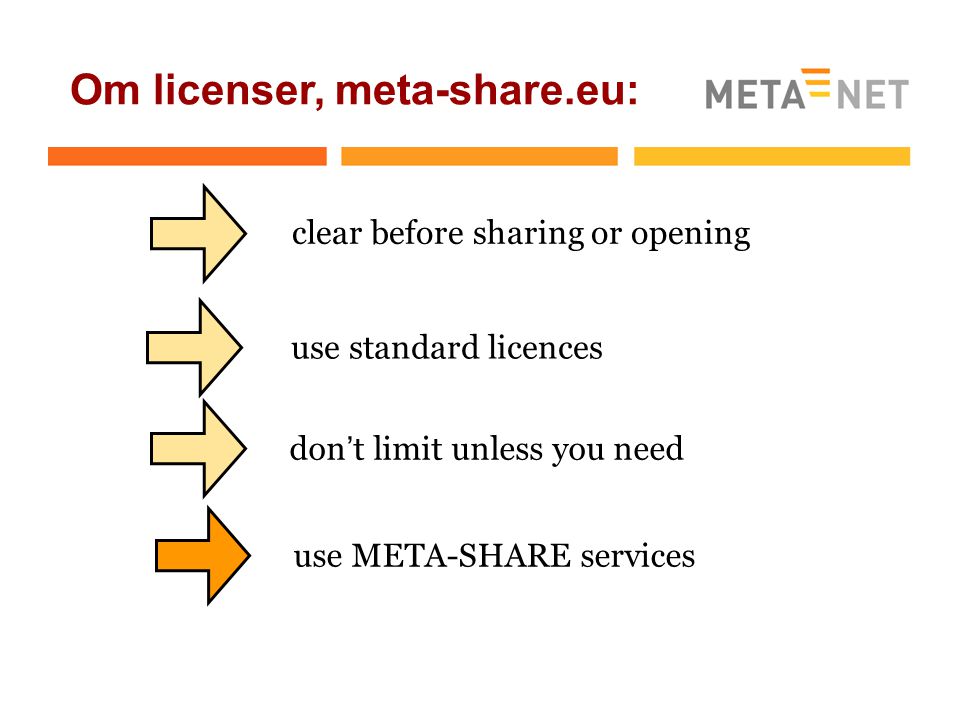 use META-SHARE services don’t limit unless you need clear before sharing or opening use standard licences Om licenser, meta-share.eu: