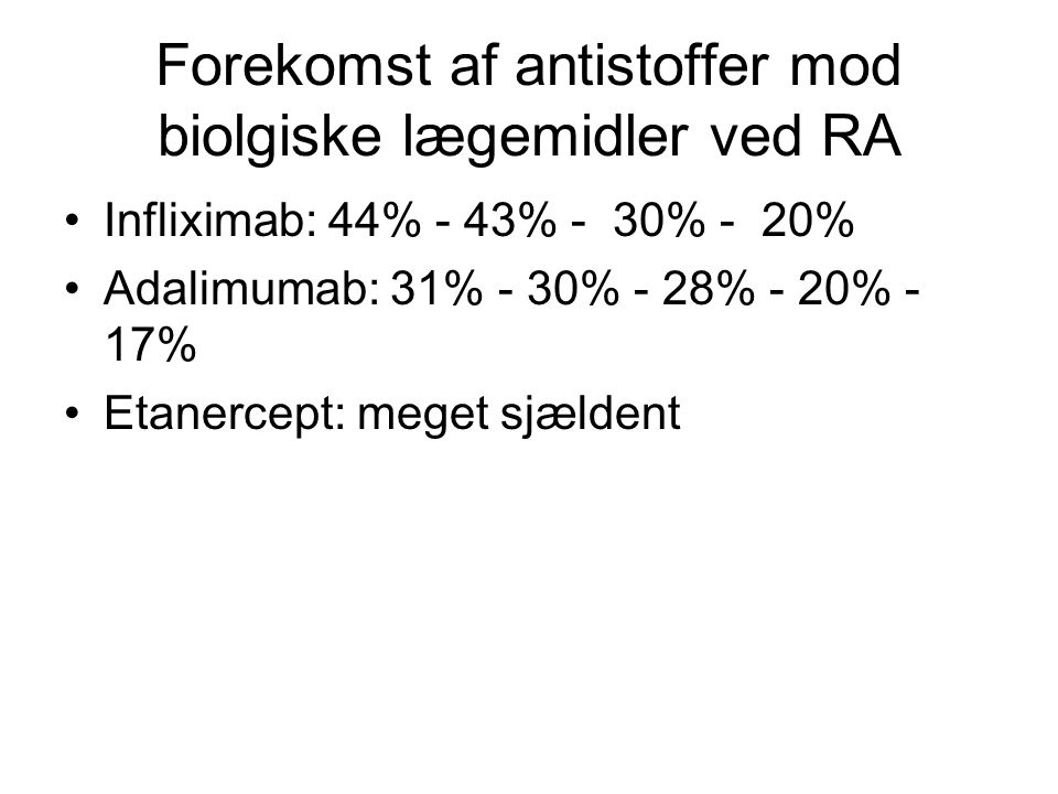 Forekomst af antistoffer mod biolgiske lægemidler ved RA Infliximab: 44% - 43% - 30% - 20% Adalimumab: 31% - 30% - 28% - 20% - 17% Etanercept: meget sjældent