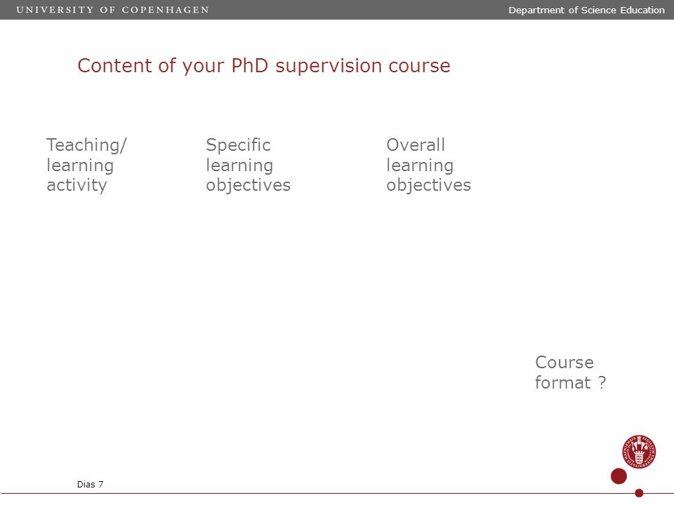Content of your PhD supervision course Department of Science Education Dias 7 Teaching/ learning activity Specific learning objectives Overall learning objectives Course format