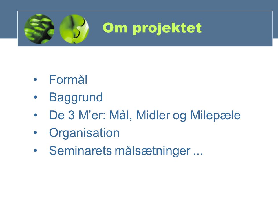 Om projektet Formål Baggrund De 3 M’er: Mål, Midler og Milepæle Organisation Seminarets målsætninger...