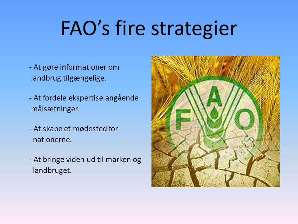 FAO’s fire strategier - At gøre informationer om landbrug tilgængelige.