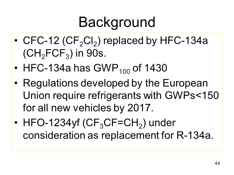 44 Background CFC-12 (CF 2 Cl 2 ) replaced by HFC-134a (CH 2 FCF 3 ) in 90s.