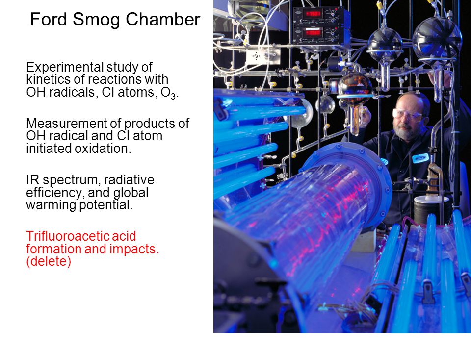 45 Ford Smog Chamber Experimental study of kinetics of reactions with OH radicals, Cl atoms, O 3.