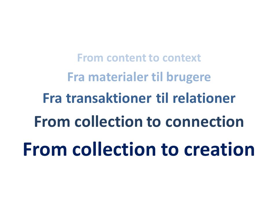 From content to context Fra materialer til brugere Fra transaktioner til relationer From collection to connection From collection to creation
