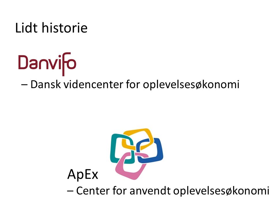 Lidt historie ApEx – Center for anvendt oplevelsesøkonomi – Dansk videncenter for oplevelsesøkonomi