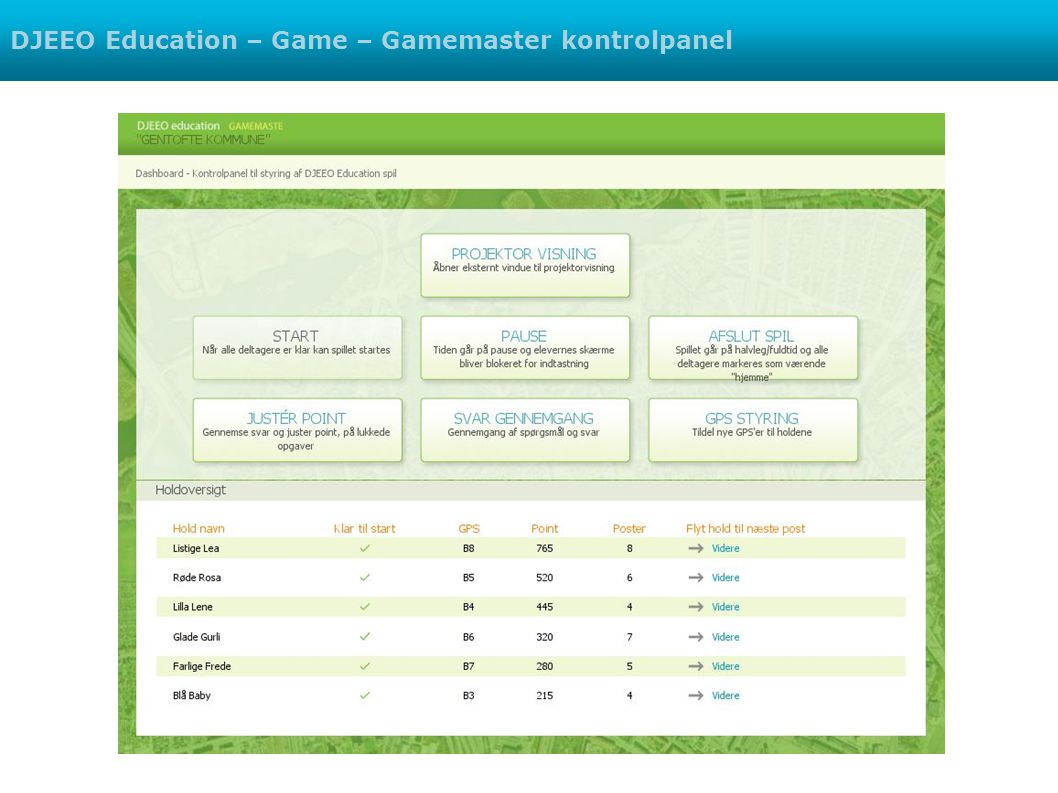 DJEEO Education – Game – Gamemaster kontrolpanel
