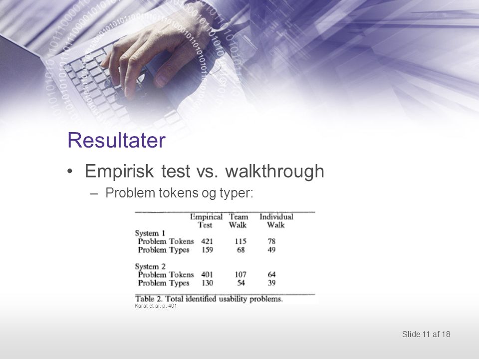 Slide 11 af 18 Resultater Empirisk test vs. walkthrough –Problem tokens og typer: Karat et al.
