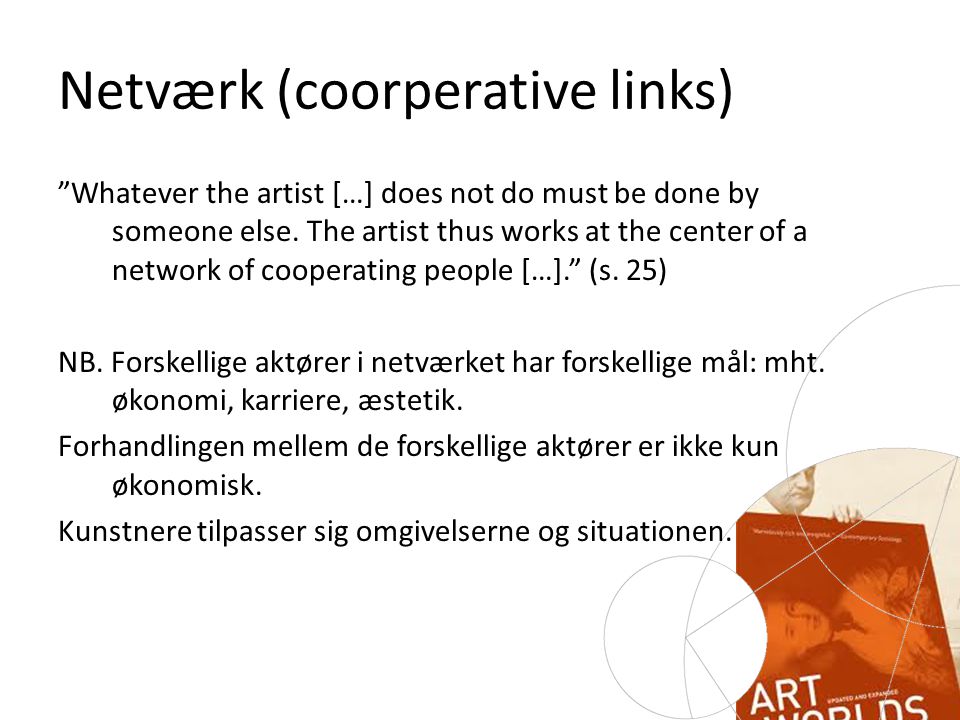 Netværk (coorperative links) Whatever the artist […] does not do must be done by someone else.