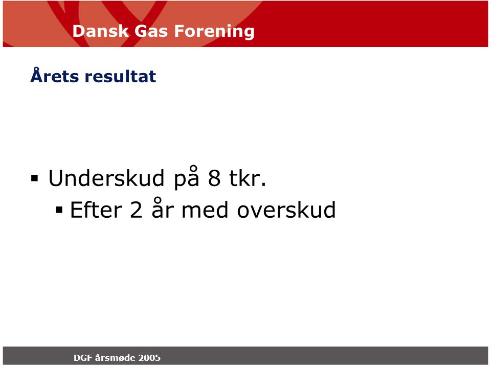 Dansk Gas Forening DGF årsmøde 2005 Årets resultat  Underskud på 8 tkr.  Efter 2 år med overskud