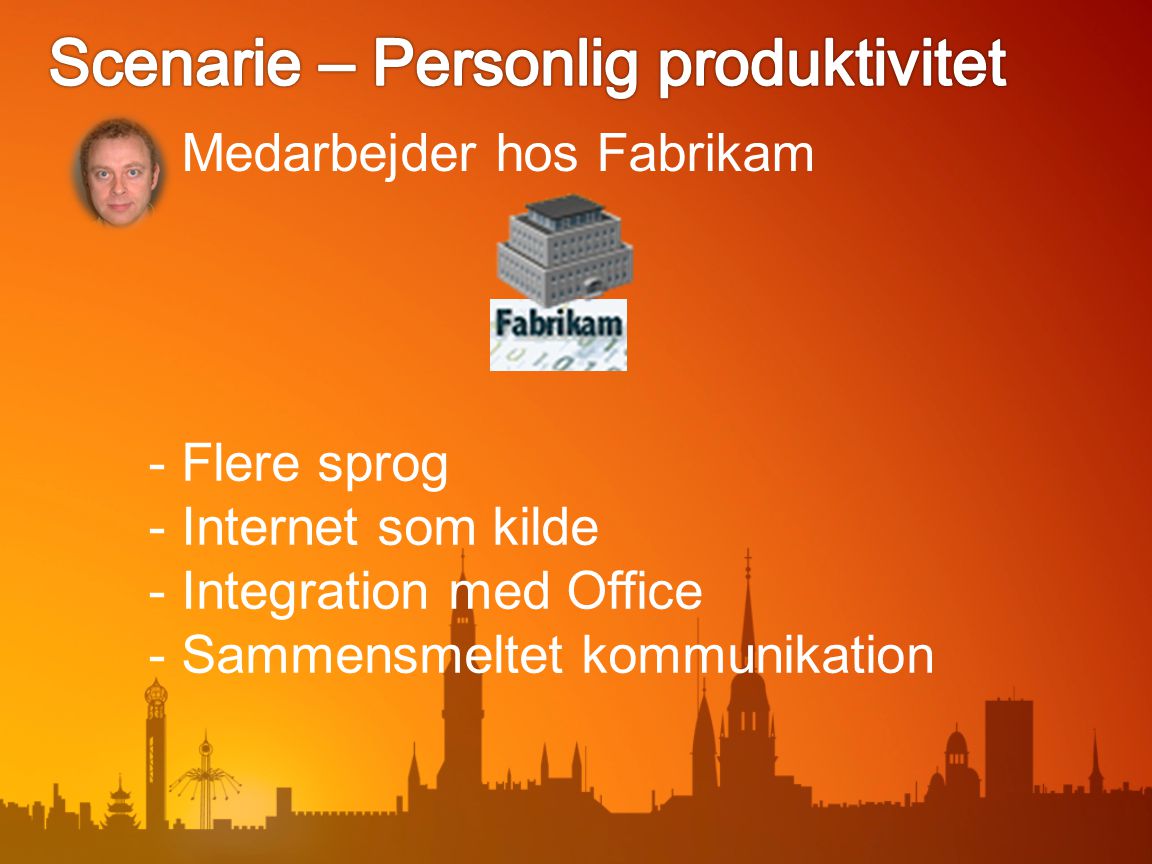 Medarbejder hos Fabrikam - Flere sprog - Internet som kilde - Integration med Office - Sammensmeltet kommunikation