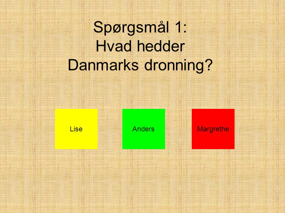 Spørgsmål 1: Hvad hedder Danmarks dronning LiseAndersMargrethe